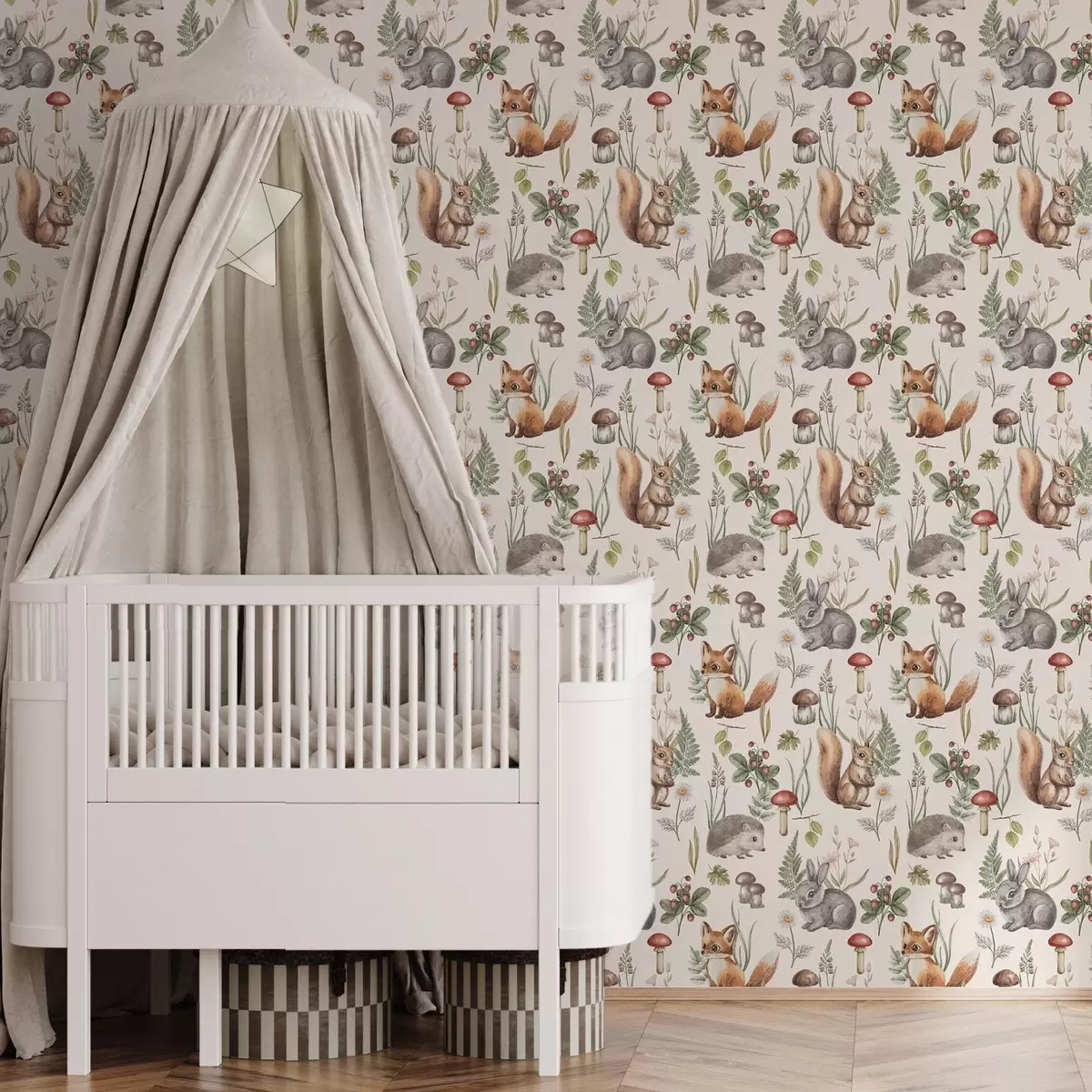 Papel de parede Animais da floresta, cogumelos e plantas em um estilo de conto de fadas a00477