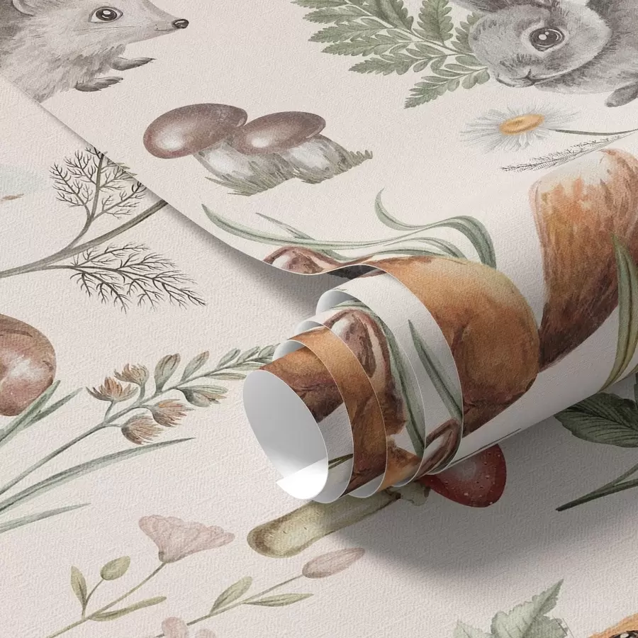 murais de parede Animais da floresta, cogumelos e plantas em um estilo de conto de fadas a00477