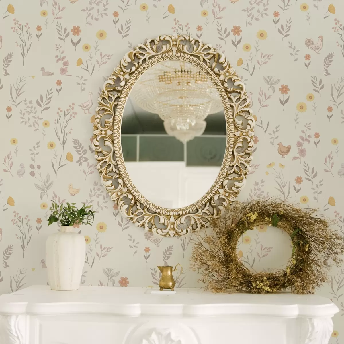 Papel de parede Flores do campo e galinhas em tons pastéis suaves a00478