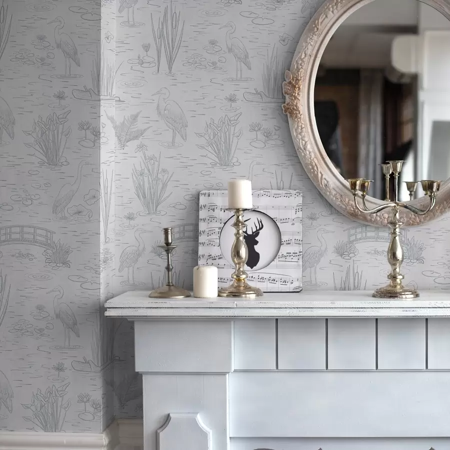 murais de parede Desenho de garças e plantas aquáticas em tons de cinza calmos a00479