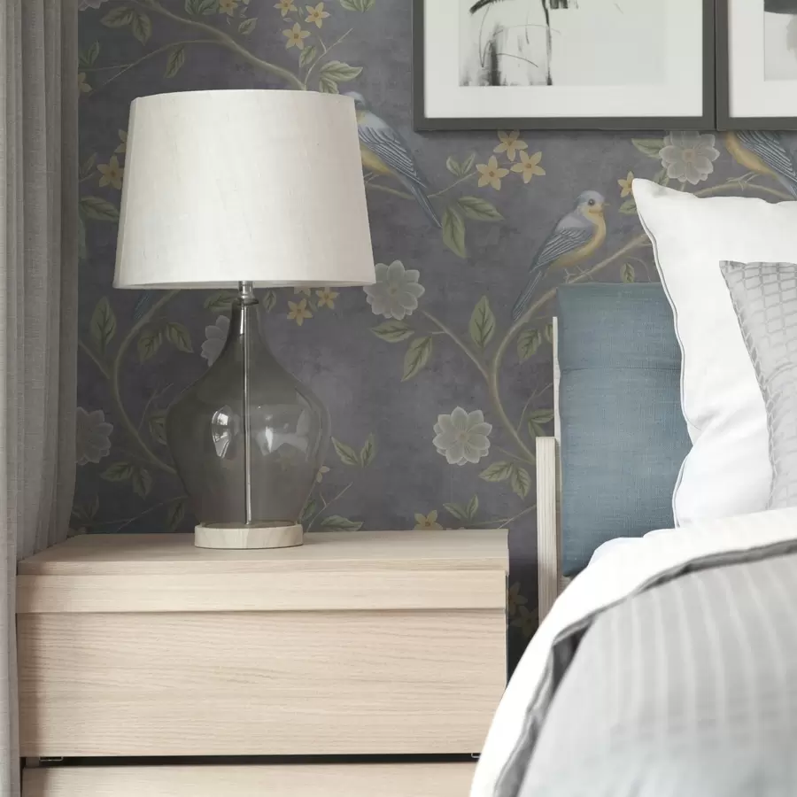 murais de parede Pássaros em galhos entre flores em um fundo cinza a00483