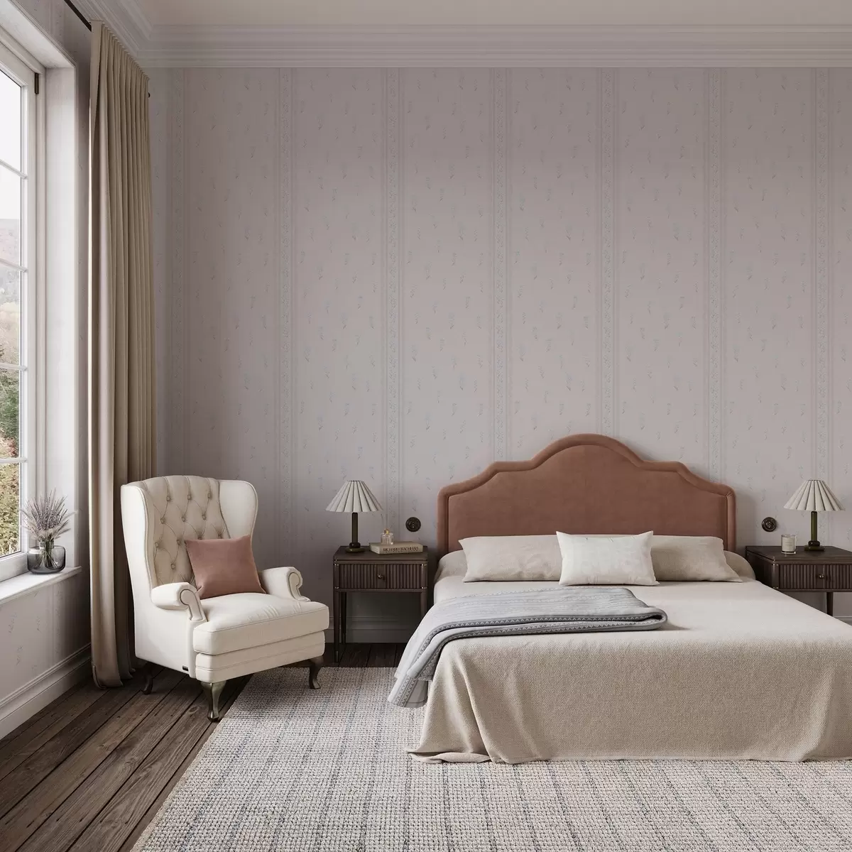 Papel de parede Fundo rosa com delicadas flores azuis e borda a00484