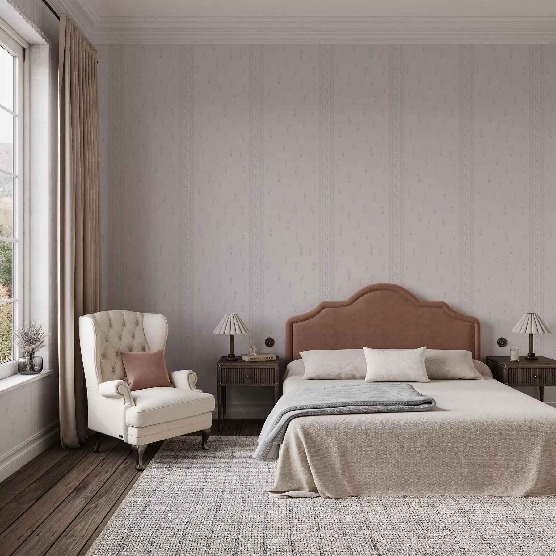 murais de parede Fundo rosa com delicadas flores azuis e borda a00484