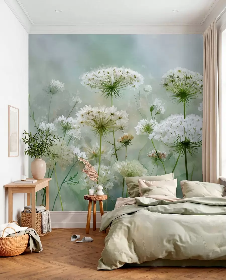 murais de parede delicadas flores silvestres brancas Queen Anne, em um estilo pitoresco, tons verdes w04313