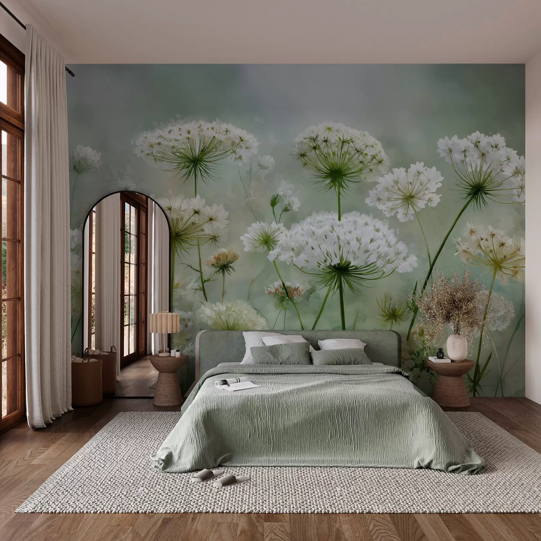 murais de parede delicadas flores silvestres brancas Queen Anne, em um estilo pitoresco, tons verdes w04313