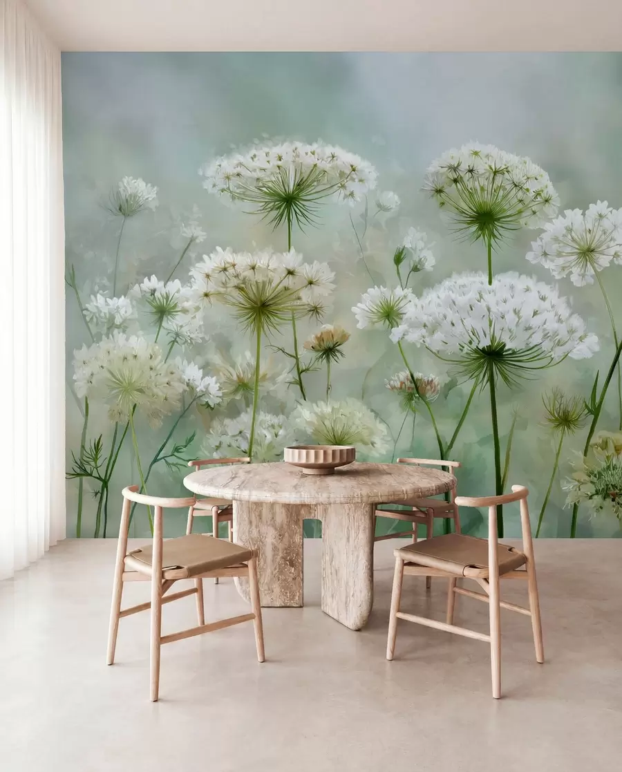 murais de parede delicadas flores silvestres brancas Queen Anne, em um estilo pitoresco, tons verdes w04313