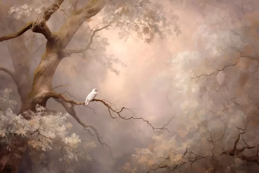 murais de parede floresta mística com um pássaro branco w04314