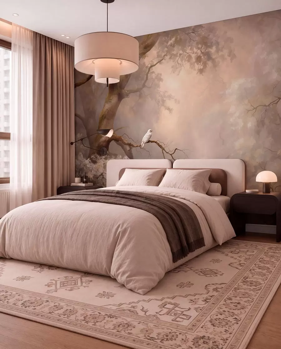 murais de parede floresta mística com um pássaro branco w04314