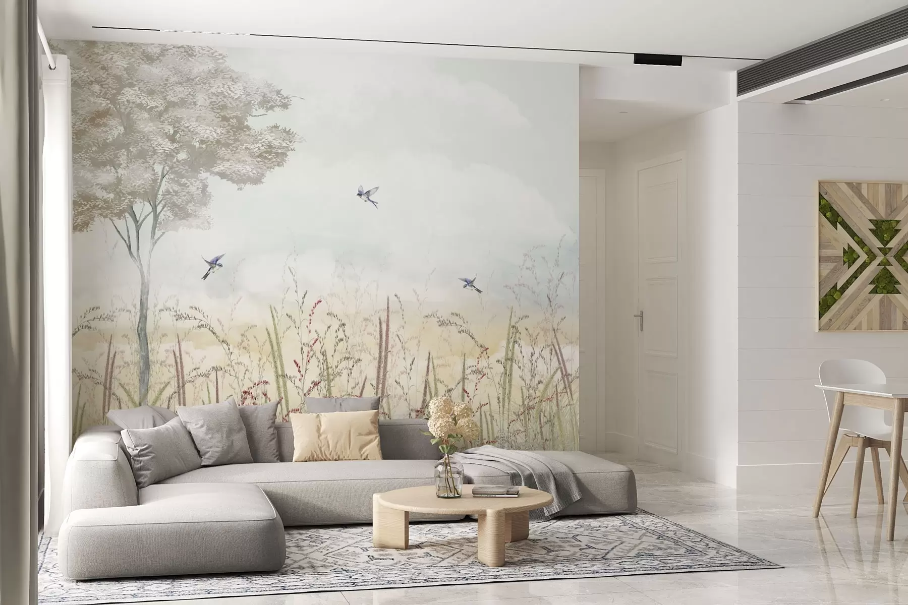 murais de parede Paisagem com árvores, pássaros e gramíneas w04350