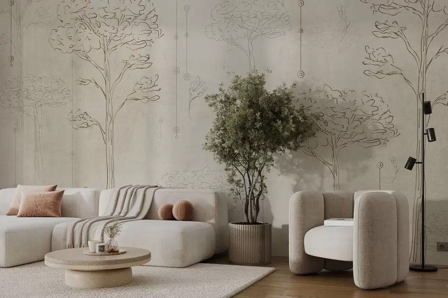 murais de parede Silhuetas lineares de árvores em estilo minimalista w04403