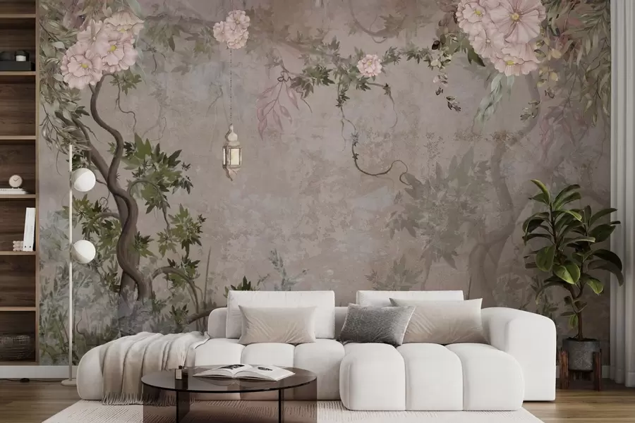 murais de parede Jardim de fadas com flores, árvores e lanterna w04416