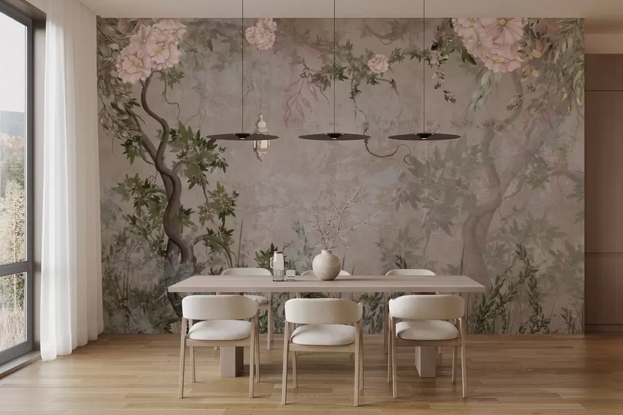 murais de parede Jardim de fadas com flores, árvores e lanterna w04416