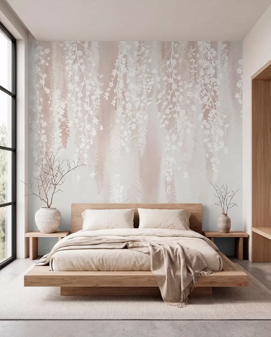 murais de parede Ramos leves com flores brancas em um fundo suave w04417