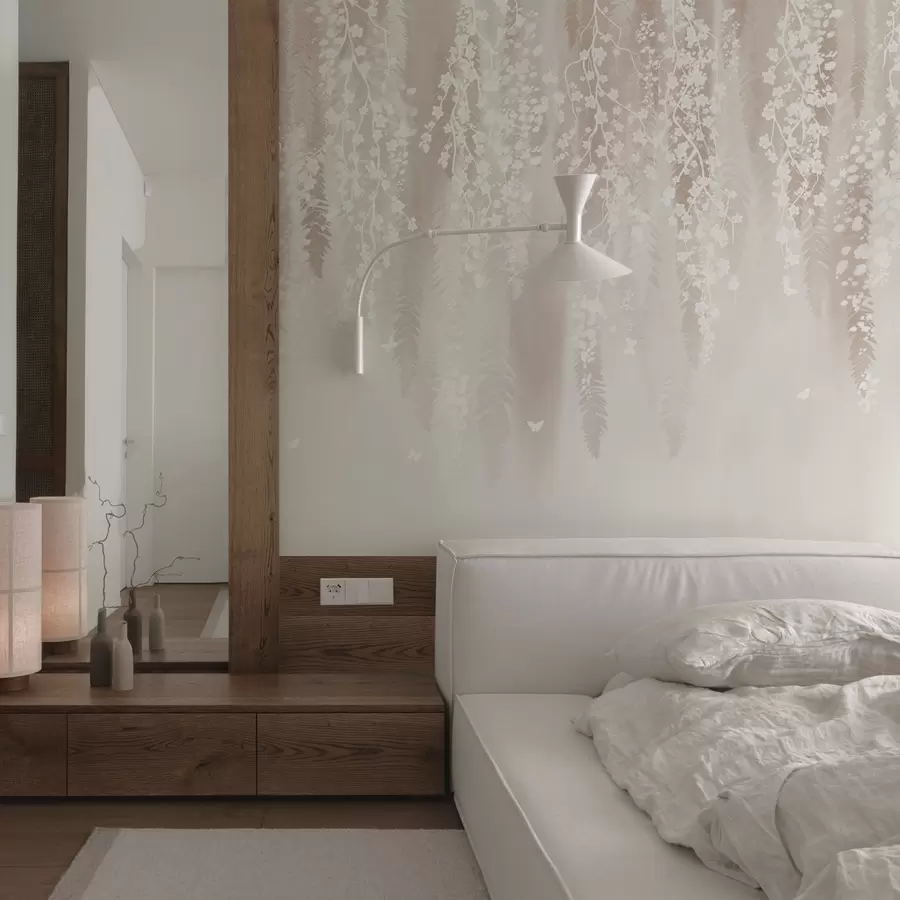 murais de parede Ramos leves com flores brancas em um fundo suave w04417