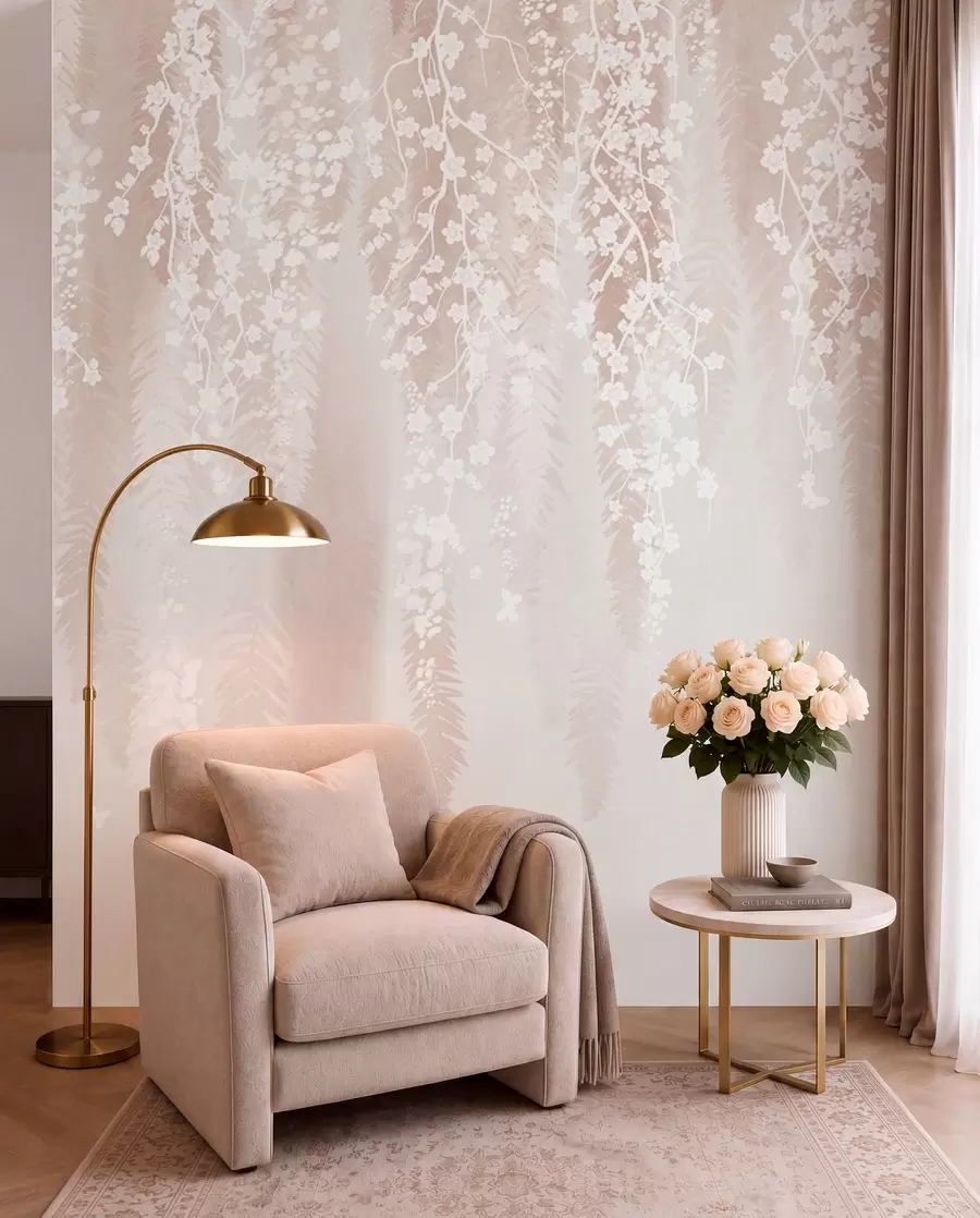 murais de parede Ramos leves com flores brancas em um fundo suave w04417