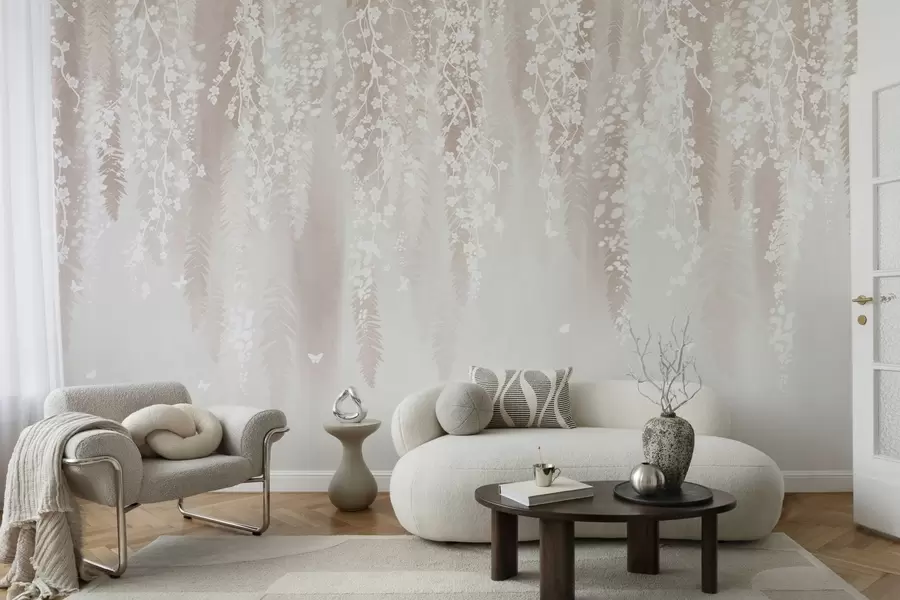 murais de parede Ramos leves com flores brancas em um fundo suave w04417