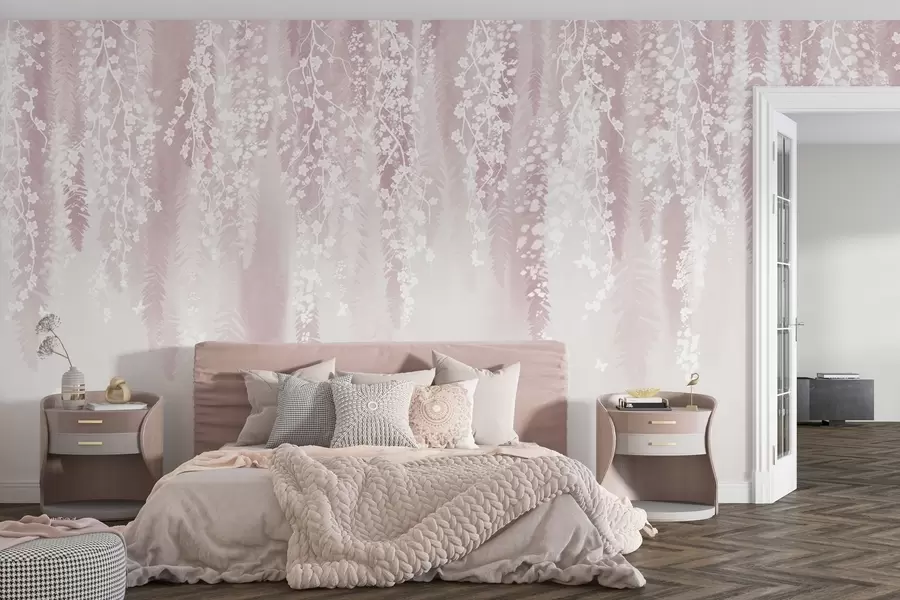 murais de parede Versão rosa de ramos com flores brancas w04417v1