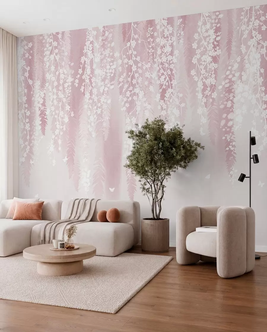 murais de parede Versão rosa de ramos com flores brancas w04417v1