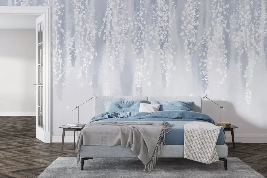 murais de parede Versão azul de galhos com flores brancas w04417v2