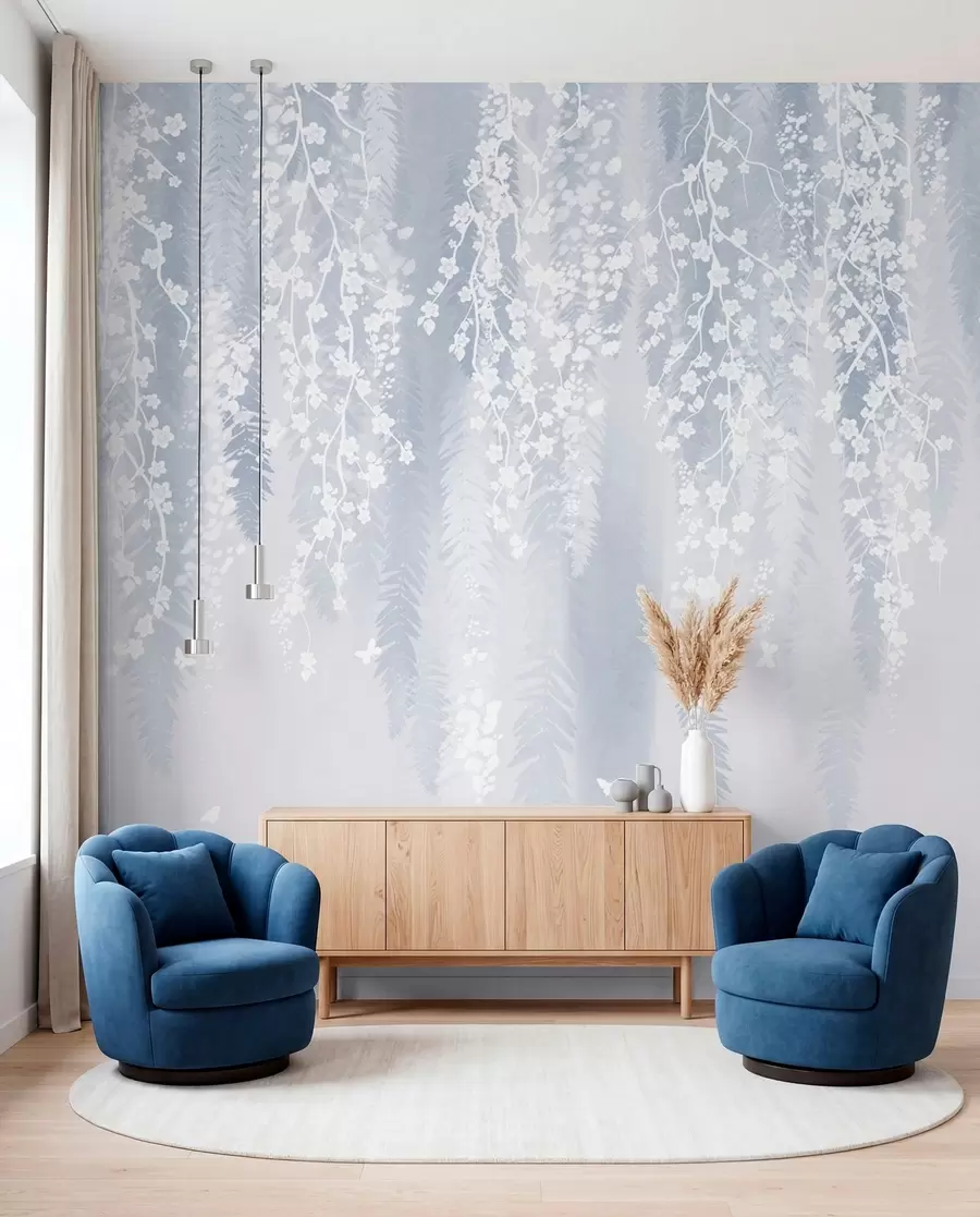 murais de parede Versão azul de galhos com flores brancas w04417v2