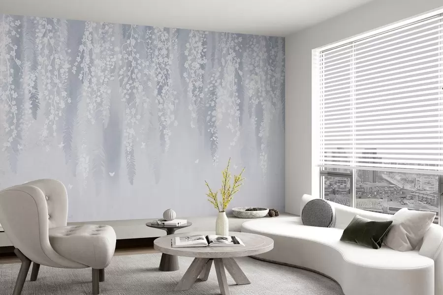 murais de parede Versão azul de galhos com flores brancas w04417v2