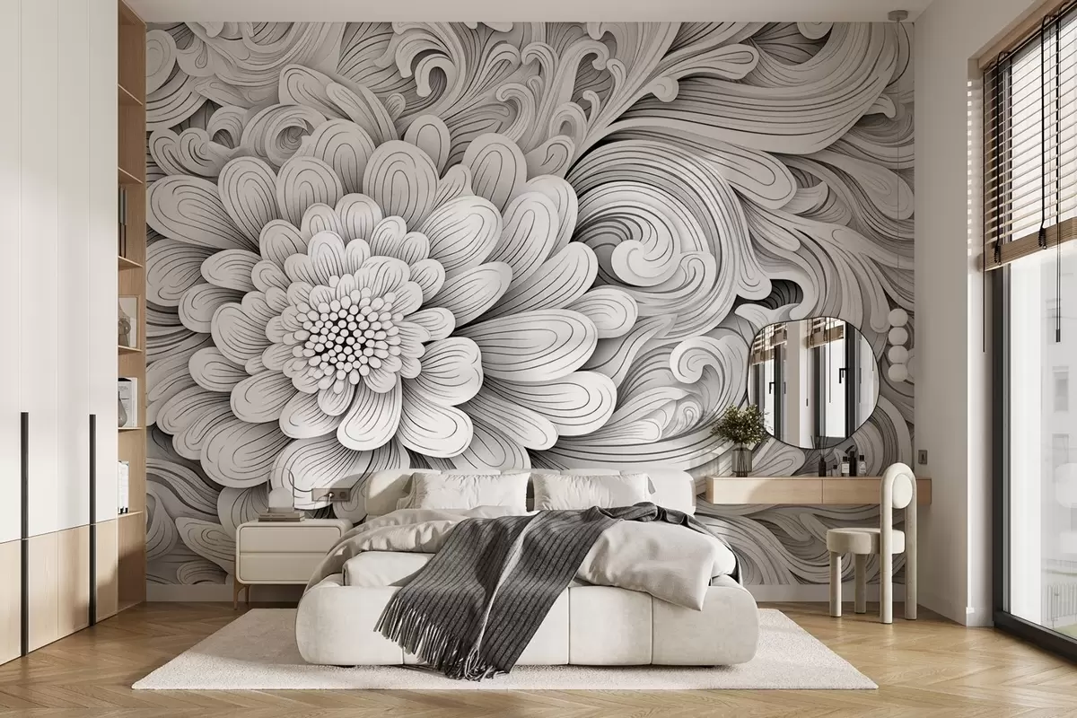 murais de parede Padrão decorativo em preto e branco na forma de uma flor e redemoinhos w09355