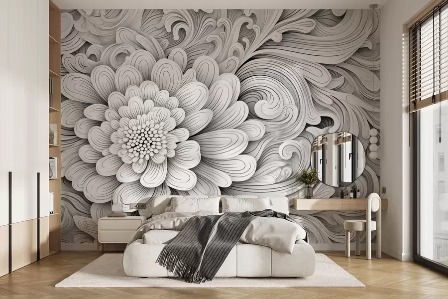 murais de parede Padrão decorativo em preto e branco na forma de uma flor e redemoinhos w09355