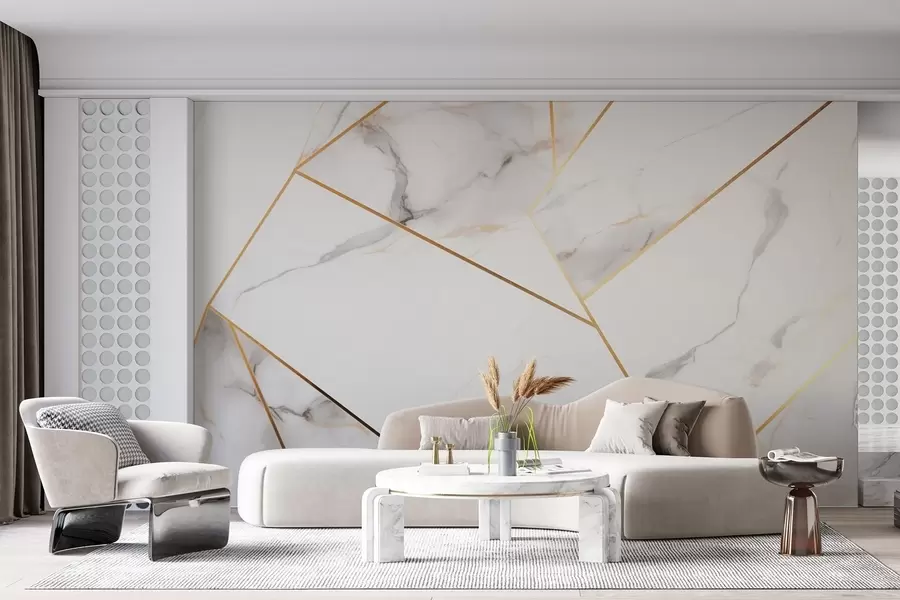 murais de parede Imitação de uma superfície de mármore com um padrão geométrico amarelo w09363