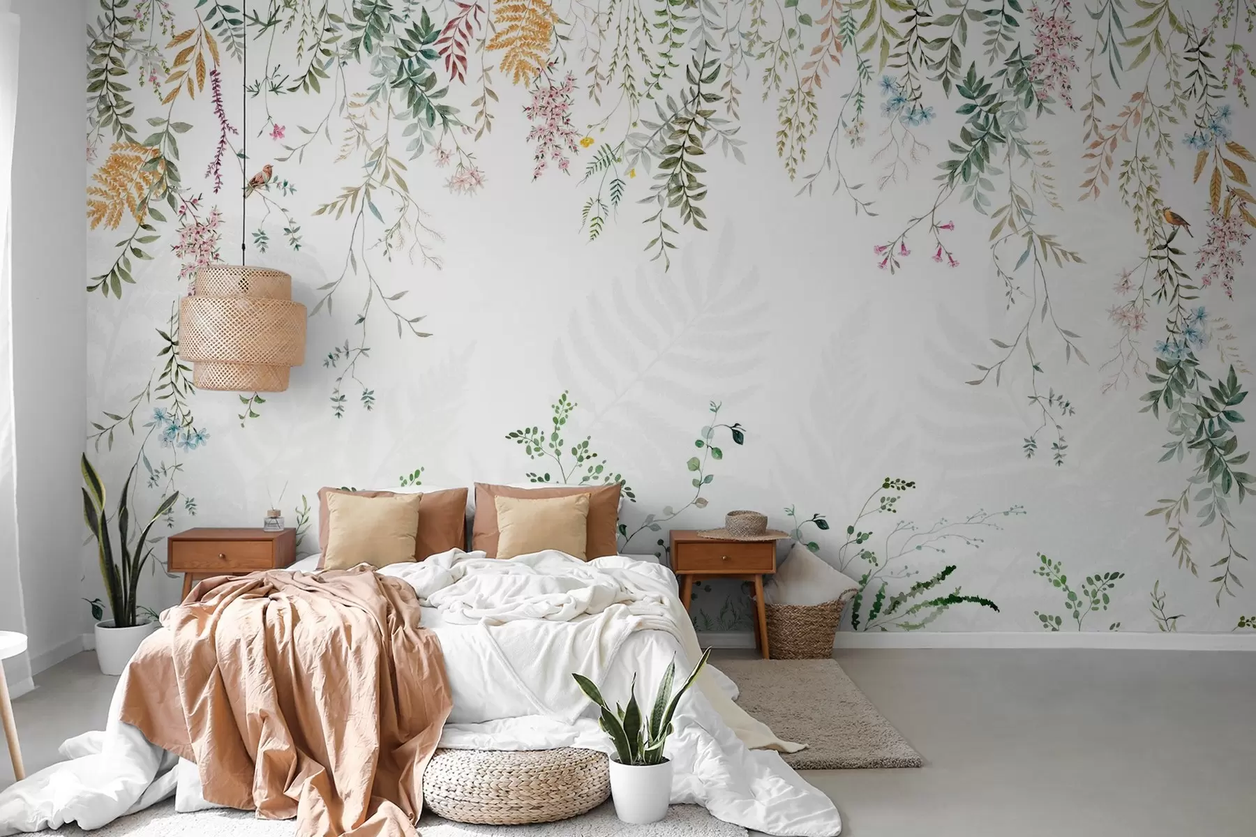 murais de parede Ilustração botânica com samambaias, grama e plantas suspensas, em tons pastéis, sobre fundo branco, estilo aquarela texturizada w09364