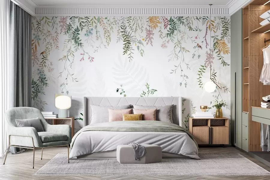 murais de parede Ilustração botânica com samambaias, grama e plantas suspensas, em tons pastéis, sobre fundo branco, estilo aquarela texturizada w09364