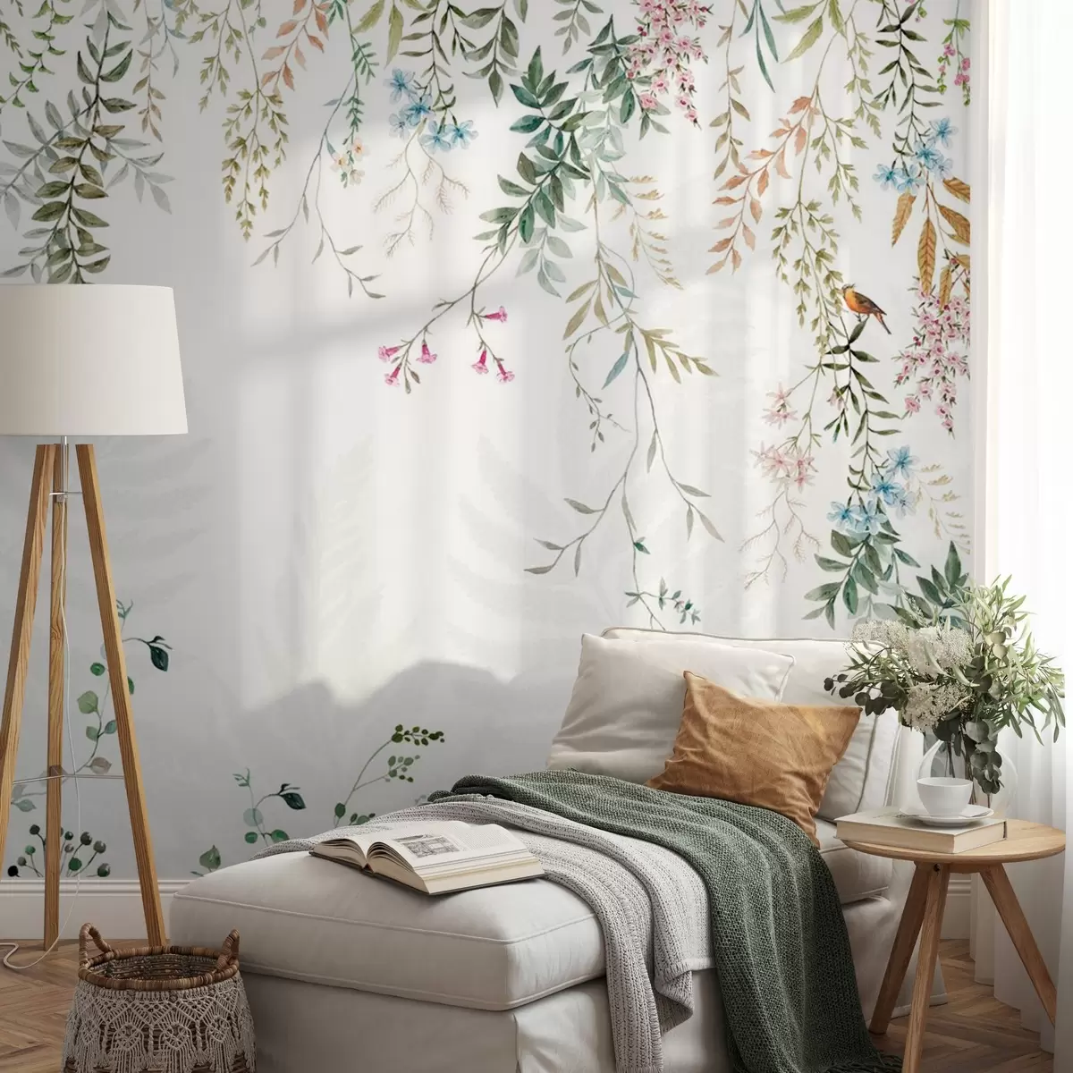 murais de parede Ilustração botânica com samambaias, grama e plantas suspensas, em tons pastéis, sobre fundo branco, estilo aquarela texturizada w09364