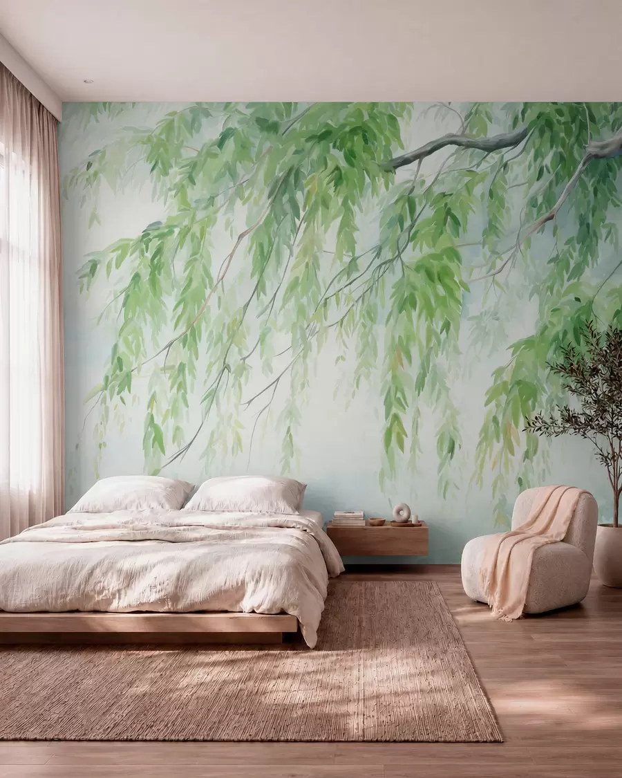 murais de parede Ramos de salgueiro-chorão com folhas verdes penduradas, pinceladas suaves e delicadas, estilo de pintura em aquarela w09365