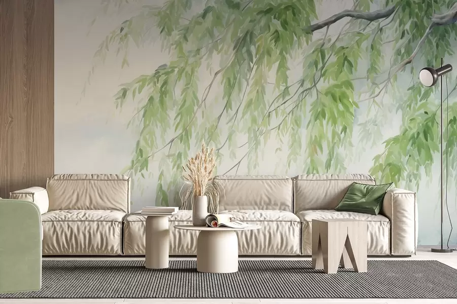 murais de parede Ramos de salgueiro-chorão com folhas verdes penduradas, pinceladas suaves e delicadas, estilo de pintura em aquarela w09365
