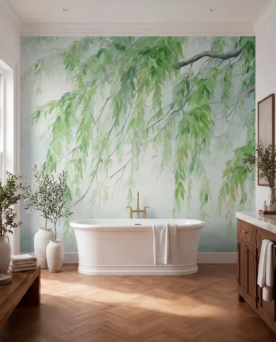 murais de parede Ramos de salgueiro-chorão com folhas verdes penduradas, pinceladas suaves e delicadas, estilo de pintura em aquarela w09365