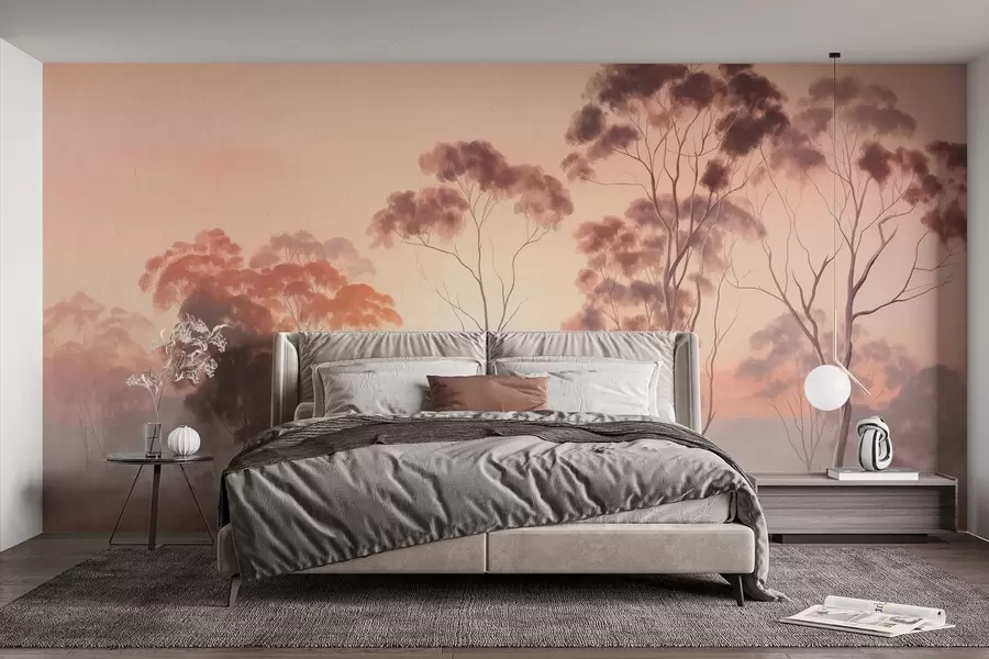 murais de parede Uma paisagem com árvores de eucalipto em um campo com céu rosa pastel e laranja, uma leve névoa, estilo de pintura texturizada w09367