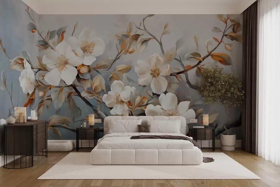 murais de parede Flores brancas com pistilos amarelos em um galho de árvore com folhas, fundo claro, estilo de pintura vintage, impressão texturizada w09368