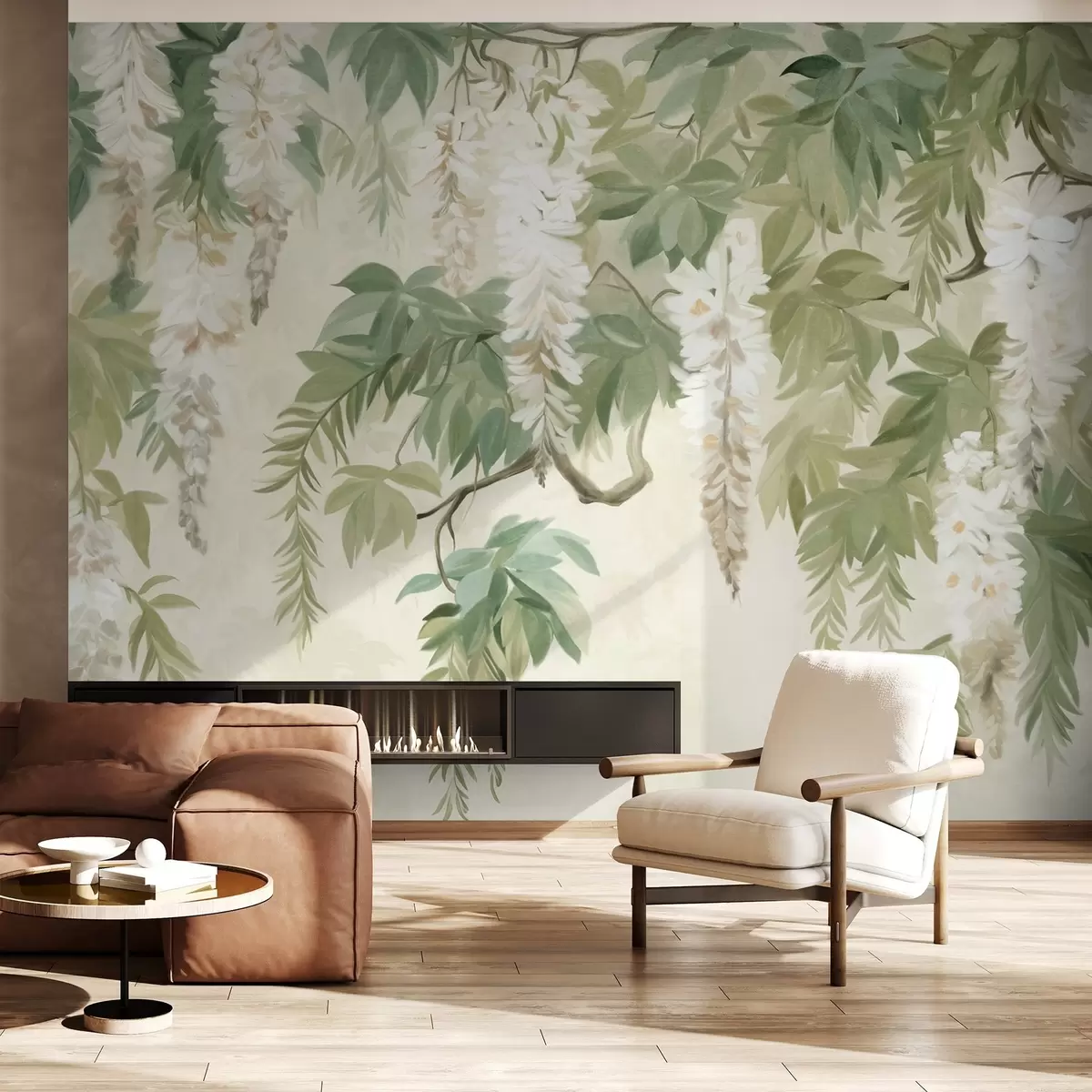 murais de parede Ramos de glicínias com flores brancas e folhas verdes, fundo verde, estilo de pintura vintage texturizada w09375