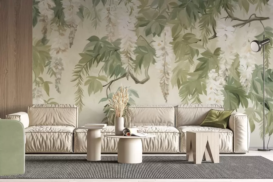 murais de parede Ramos de glicínias com flores brancas e folhas verdes, fundo verde, estilo de pintura vintage texturizada w09375