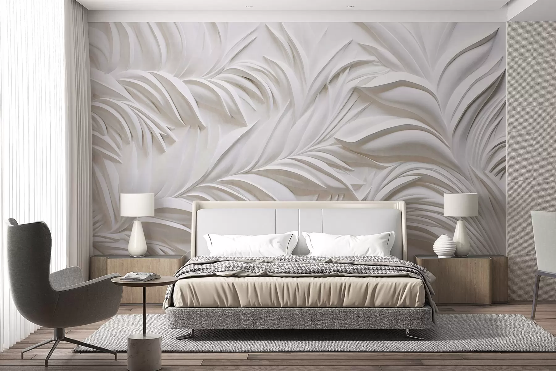 murais de parede Folhas brancas texturizadas abstratas e elementos florais, estética minimalista w09378