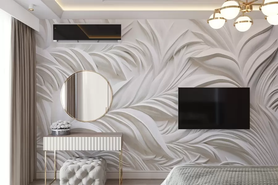 murais de parede Folhas brancas texturizadas abstratas e elementos florais, estética minimalista w09378