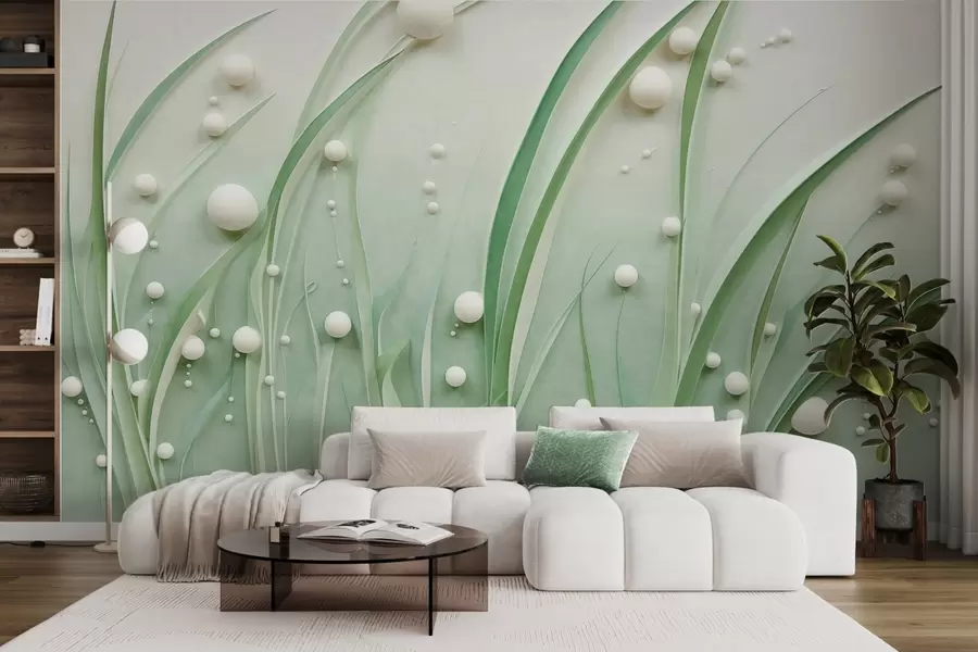 murais de parede Grama verde abstrata com esferas brancas, fundo verde claro, texturizado, linhas limpas, estilo minimalista w09382