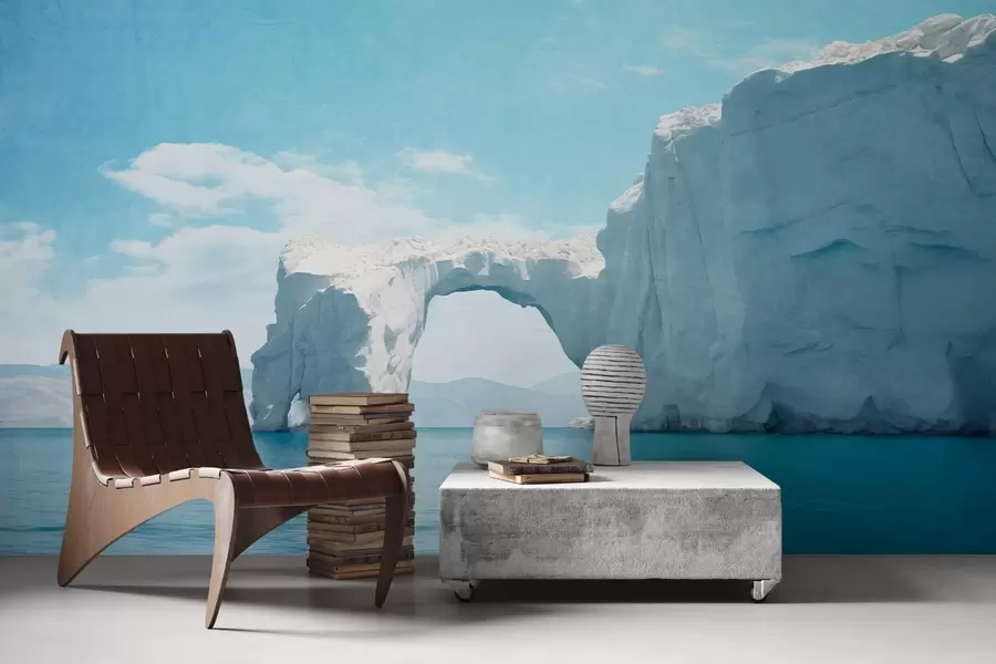 murais de parede Paisagem com ponte de gelo natural sobre o oceano, céu azul claro com algumas nuvens, impressão texturizada w09383