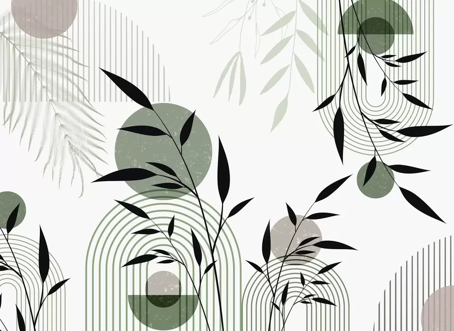 murais de parede Impressão abstrata texturizada com formas geométricas, círculos e arcos e plantas pretas e verdes em um fundo branco w09384