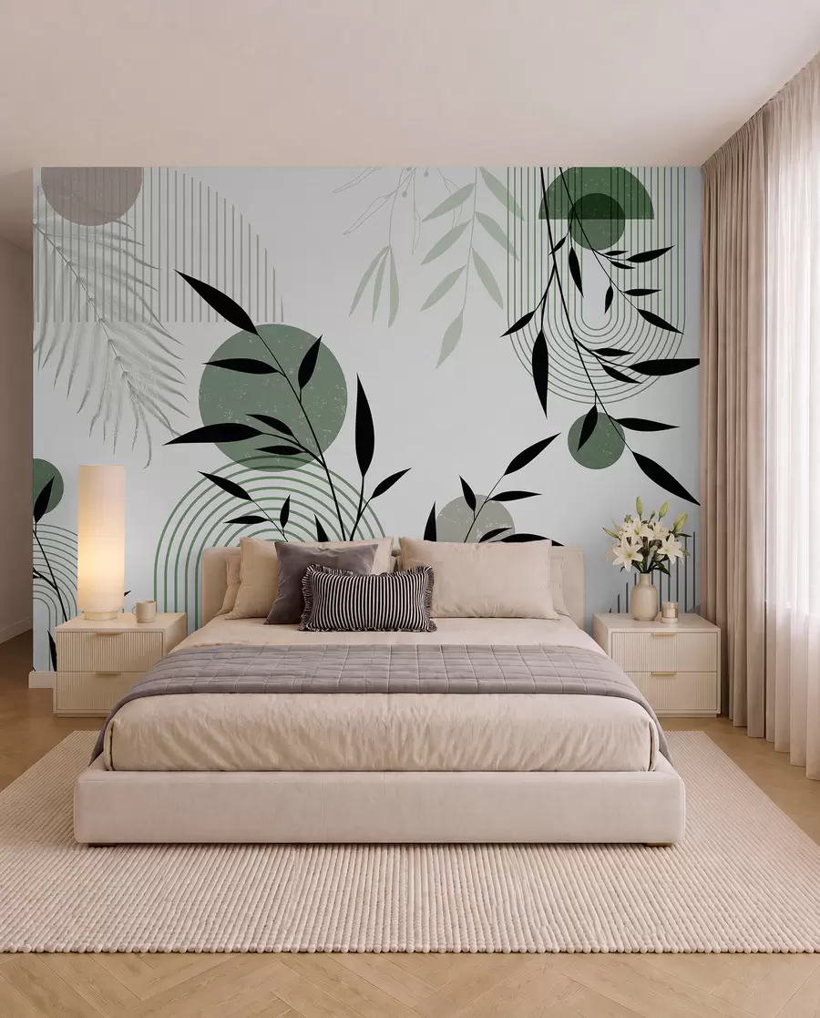 murais de parede Impressão abstrata texturizada com formas geométricas, círculos e arcos e plantas pretas e verdes em um fundo branco w09384