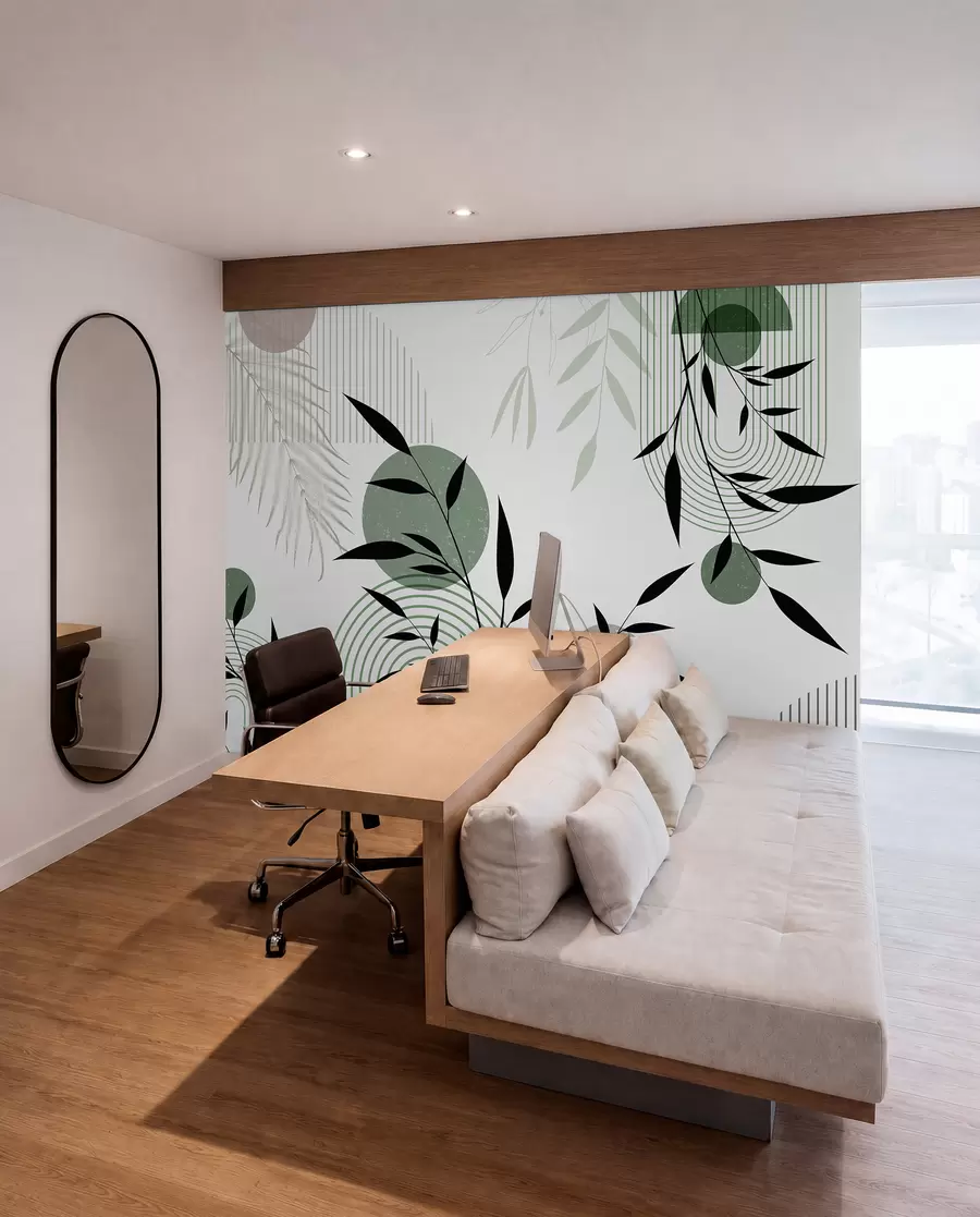 murais de parede Impressão abstrata texturizada com formas geométricas, círculos e arcos e plantas pretas e verdes em um fundo branco w09384