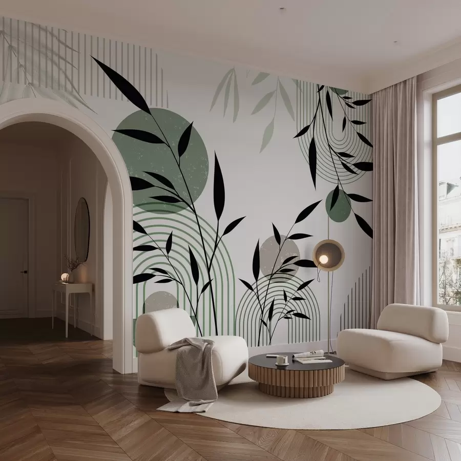 murais de parede Impressão abstrata texturizada com formas geométricas, círculos e arcos e plantas pretas e verdes em um fundo branco w09384