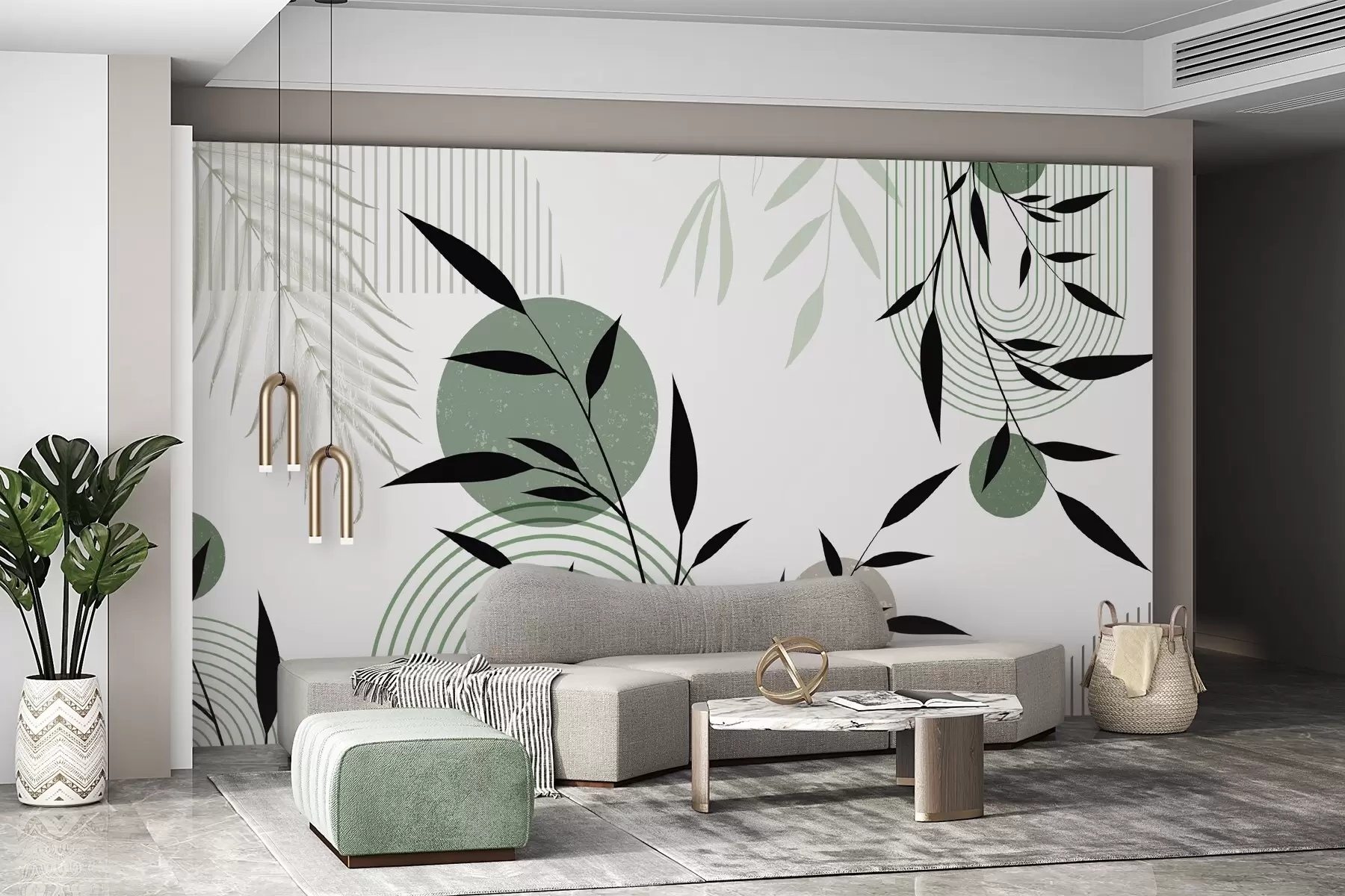 murais de parede Impressão abstrata texturizada com formas geométricas, círculos e arcos e plantas pretas e verdes em um fundo branco w09384