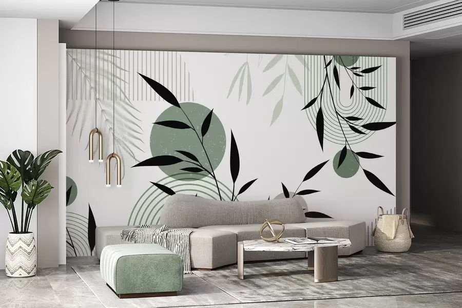 murais de parede Impressão abstrata texturizada com formas geométricas, círculos e arcos e plantas pretas e verdes em um fundo branco w09384