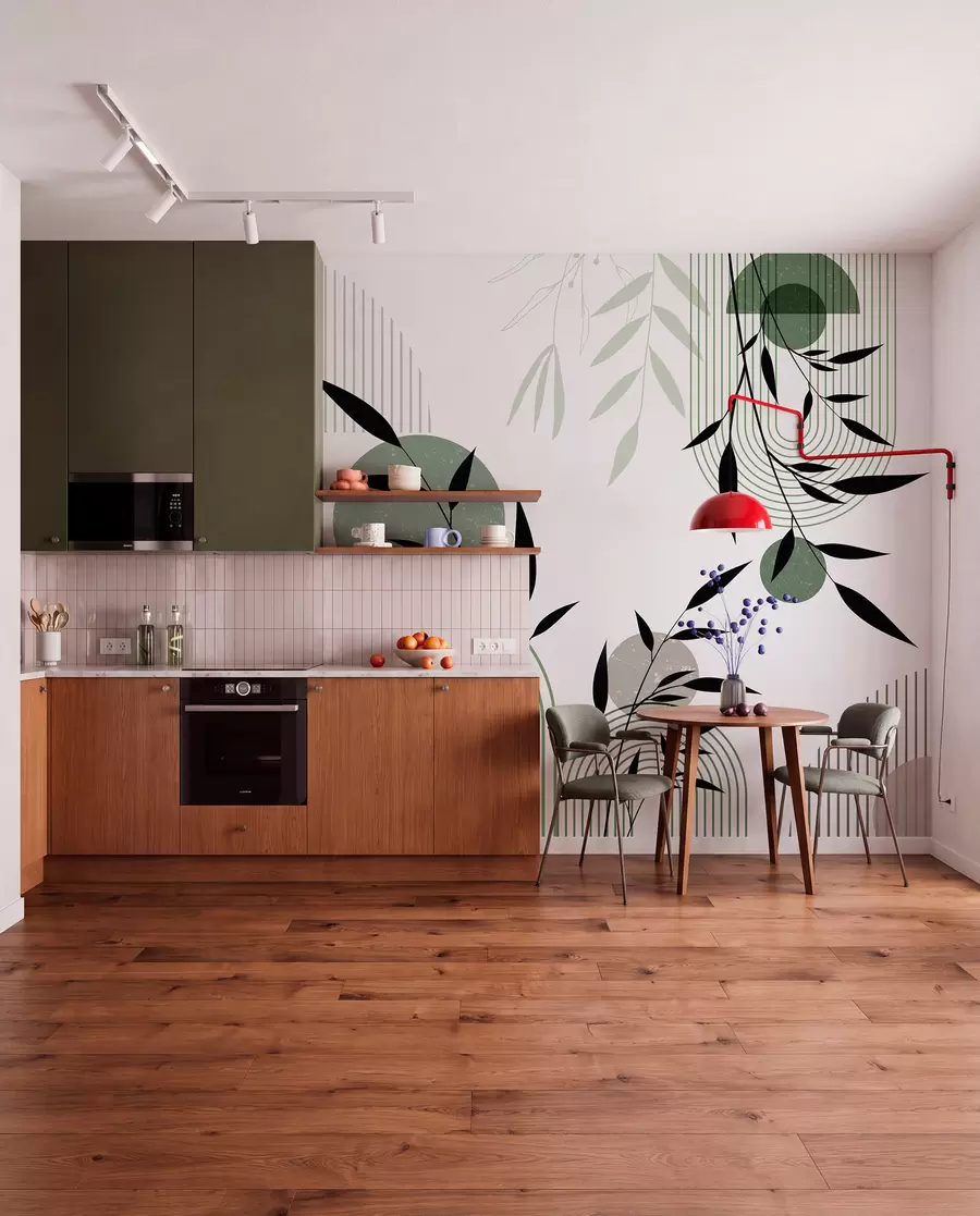 murais de parede Impressão abstrata texturizada com formas geométricas, círculos e arcos e plantas pretas e verdes em um fundo branco w09384