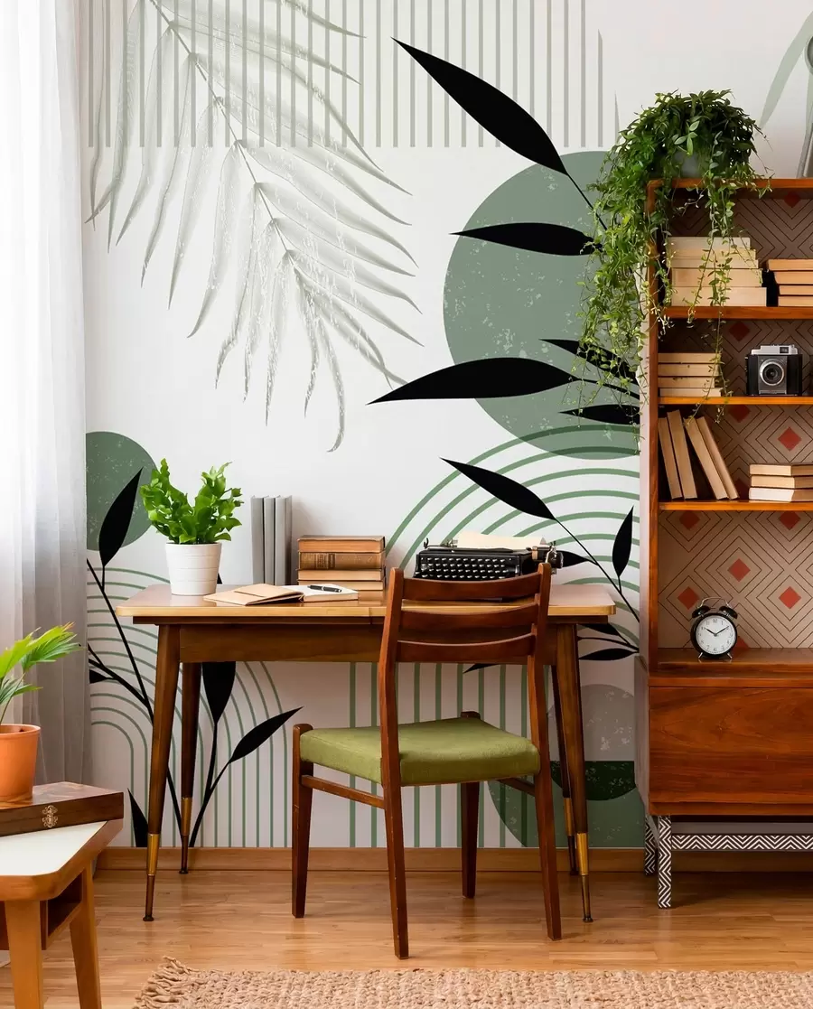 murais de parede Impressão abstrata texturizada com formas geométricas, círculos e arcos e plantas pretas e verdes em um fundo branco w09384